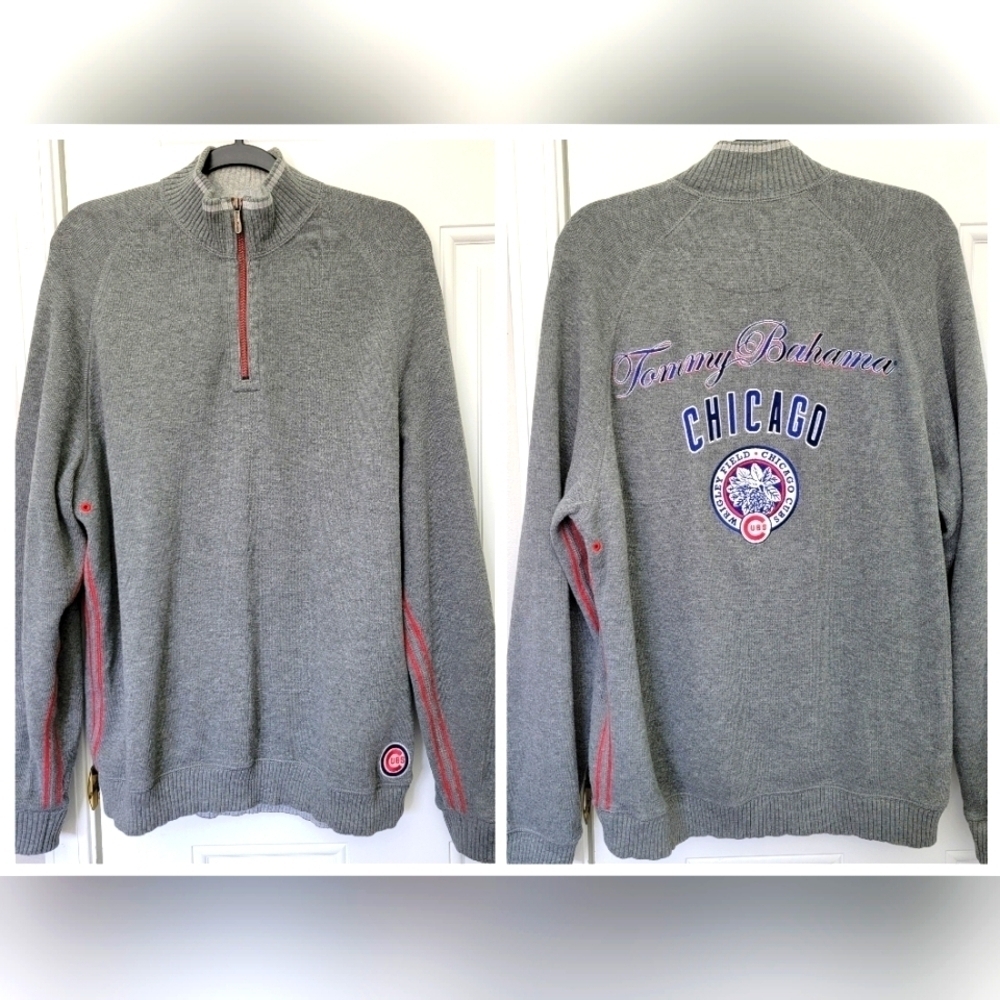 Tommy Bahama Chicago Cubs Collab Mens M Quarter Zip Sweater Logo Baseball Gray